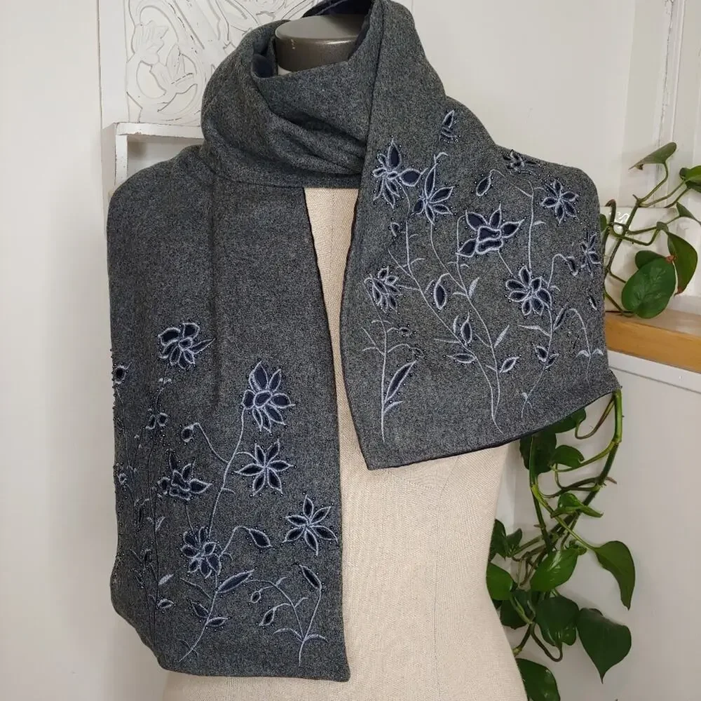 Embroidered Grey Cut-Out Floral Scarf